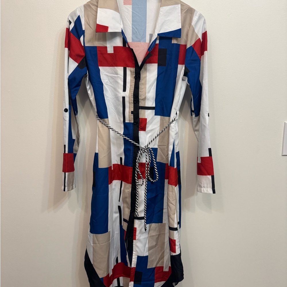 Colorful Geometric Print Shirt Dress - Large